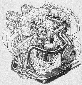 Schematic of the Kawasaki GPZ750 Turbo engine. The GPZ was the best of the Jap turbo bikes, and you can see why. Injection and the turbo in the right place. No intercooler, though, only 8 valves and it's air-cooled. 5/10, Kawasaki.